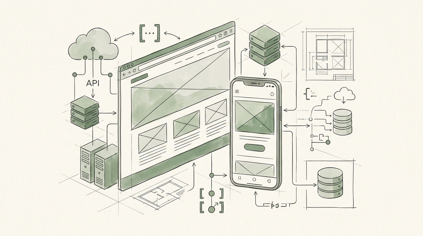 Architectural 2D sketch of multi-platform software systems, web applications, and cloud architecture