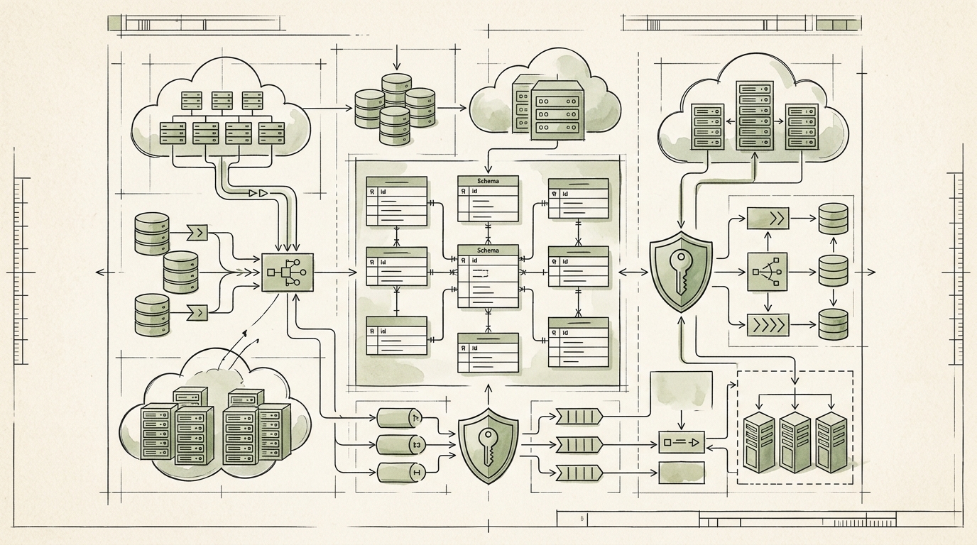 2D technical sketch of Laravel fullstack backends, databases, and server APIs