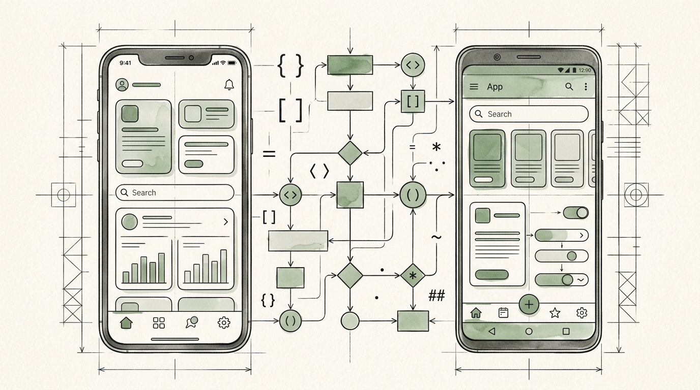 2D technical sketch of iOS and Android mobile app engineering with Flutter and React Native